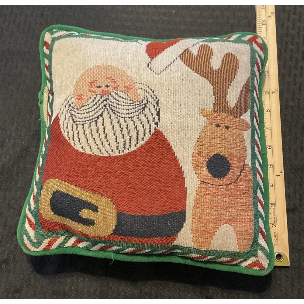 Christmas Santa Reindeer Tapestry Throw Pillow Holiday Accent Decor Woven Green‎
